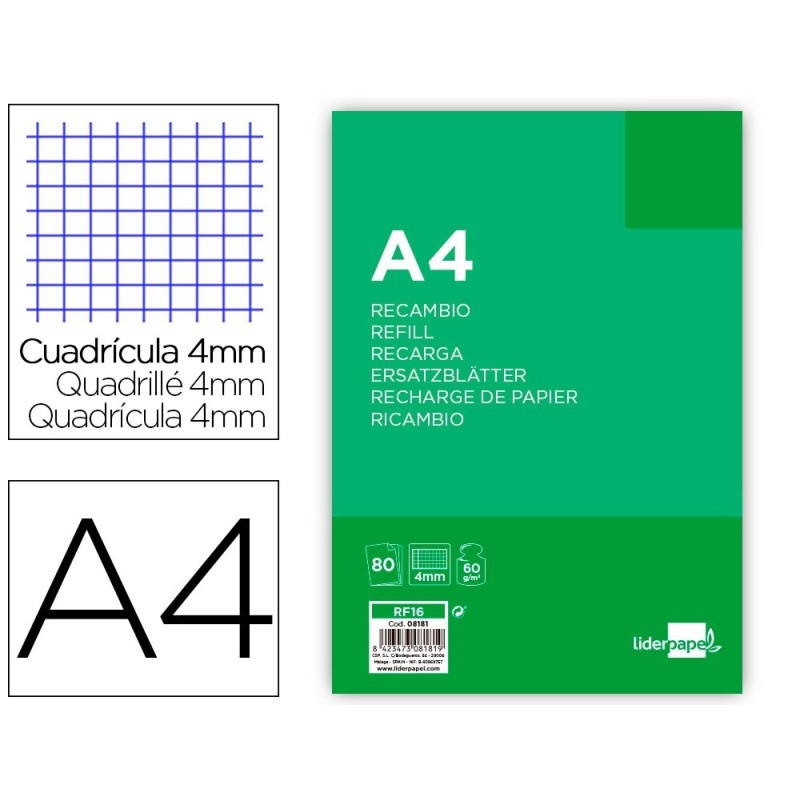 RECAMBIO LIDERPAPEL A4 80 HOJA 60G/M2 CUADRO 4 MM CON MARGEN 4 TALADROS