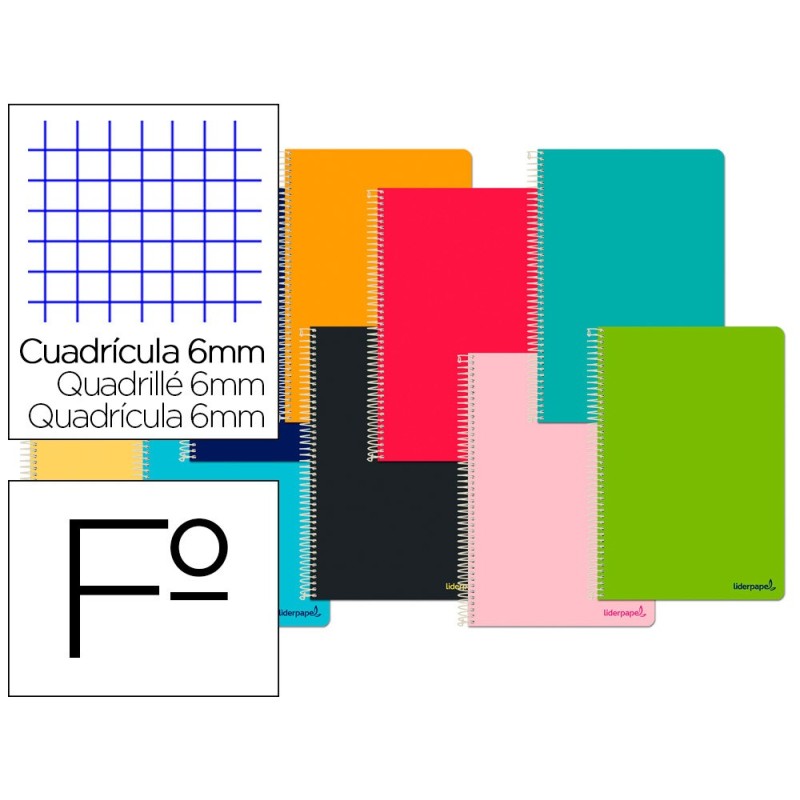 CUADERNO ESPIRAL LIDERPAPEL FOLIO SMART TAPA BLANDA 80H 60GR CUADRO 6 MM CON MARGEN COLORES SURTIDOS
