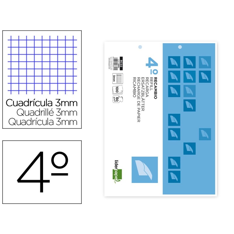RECAMBIO LIDERPAPEL CUARTO APAISADO 100 H 2TCA-06 CUADRO 3 MM 2 TALADROS CON MARGEN