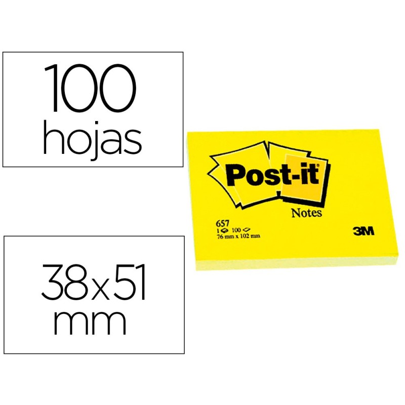 BLOC DE NOTAS ADHESIVAS QUITA Y PON POST-IT 38X51 MM CON 100HOJAS 653E