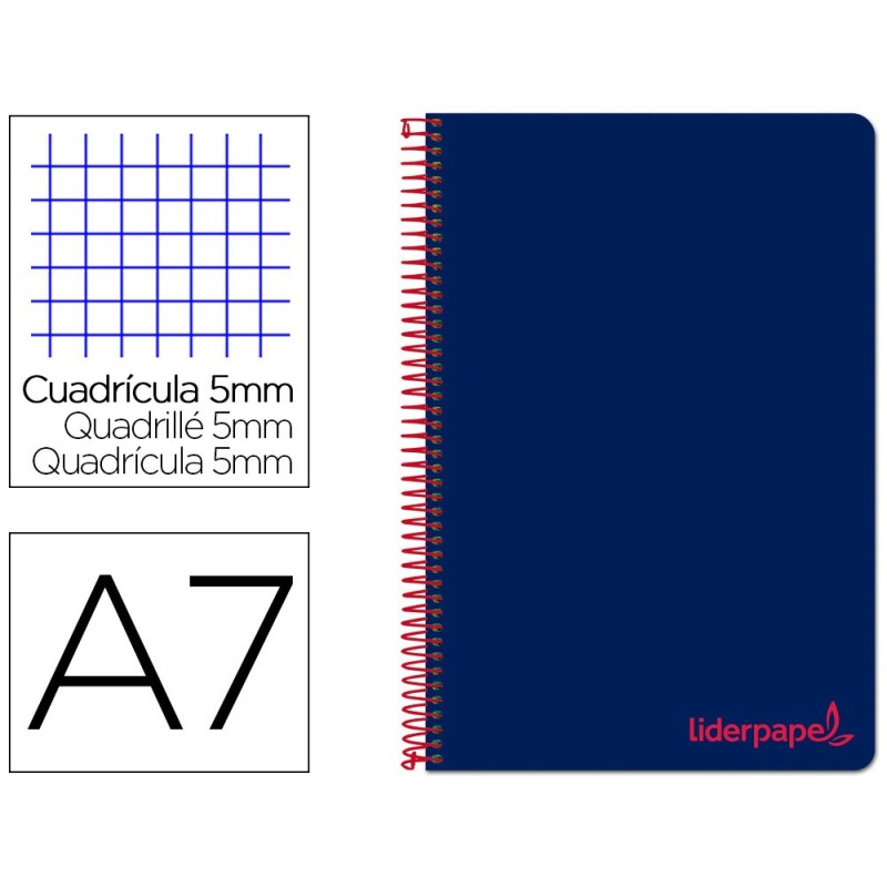 CUADERNO ESPIRAL LIDERPAPEL A7 MICRO WONDER TAPA PLASTICO 100H 90 GR CUADRO 5MM 4 BANDAS COLOR AZUL MARINO