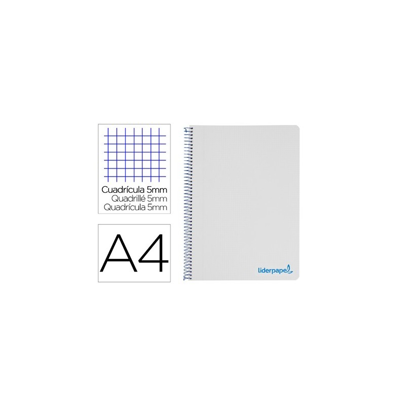 CUADERNO ESPIRAL LIDERPAPEL A4 MICRO WONDER TAPA PLASTICO 120H 90 GR CUADRO 5 MM 5 BANDAS 4 TALADROS COLOR GRIS