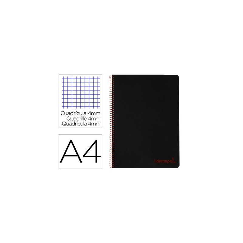 CUADERNO ESPIRAL LIDERPAPEL A4 WONDER TAPA PLASTICO 80H 90GR CUADRO 4MM CON MARGEN COLOR NEGRO