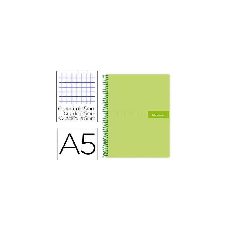 CUADERNO ESPIRAL LIDERPAPEL A5 MICRO CRAFTY TAPA FORRADA 120H 90 GR CUADRO 5MM 5 BANDAS6 TALADROS COLOR VERDE