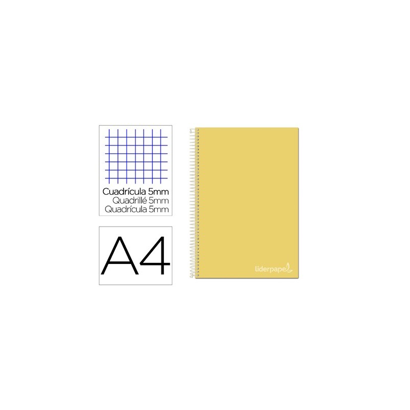 CUADERNO ESPIRAL LIDERPAPEL A4 MICRO JOLLY TAPA FORRADA 140H 75 GR CUADRO 5MM 5 BANDAS4 TALADROS COLOR AMARILLO