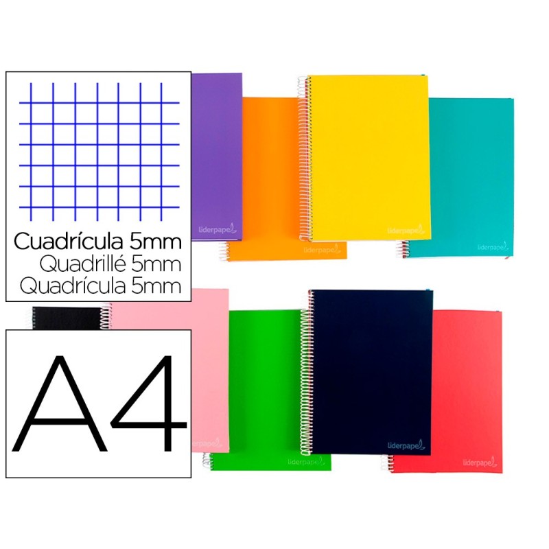 CUADERNO ESPIRAL LIDERPAPEL A4 MICRO JOLLY TAPA FORRADA 140H 75 GR CUADRO 5MM 5 BANDAS4 TALADROS COLORES SURTIDOS
