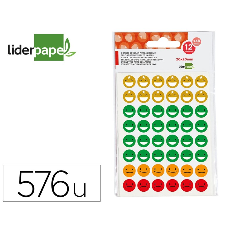 GOMETS ESCOLAR LIDERPAPEL CARAS BOLSA DE 12 HOJAS 48 CARAS POR HOJA COLORES SURTIDOS