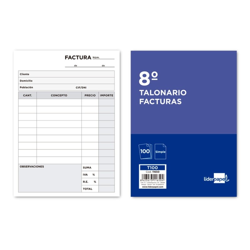 TALONARIO LIDERPAPEL FACTURAS 8¼ ORIGINAL T100 CON I.V.A.