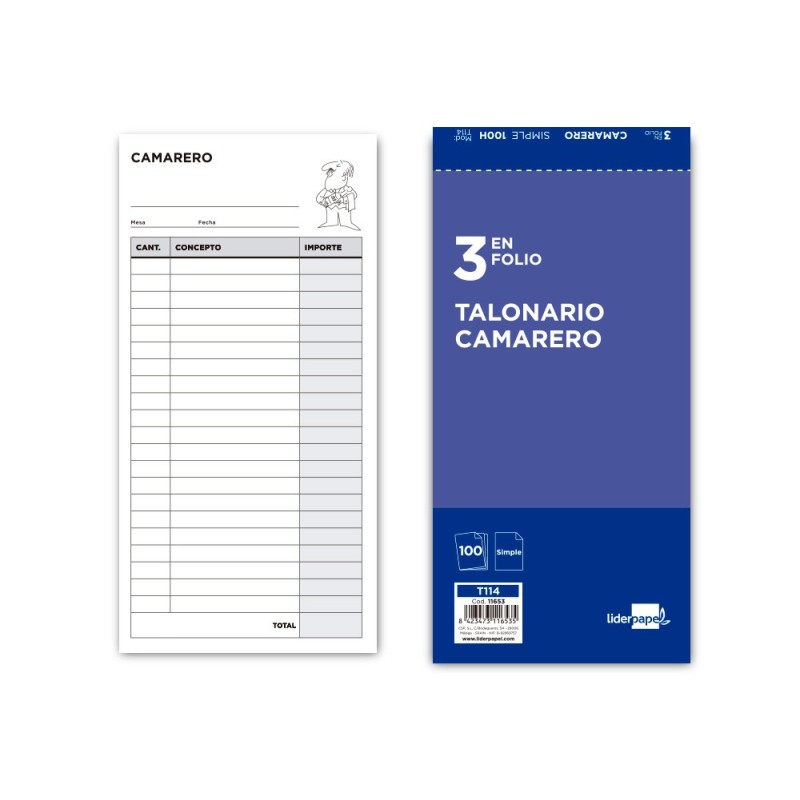 TALONARIO LIDERPAPEL CAMARERO 3/F¼ ORIGINAL T114