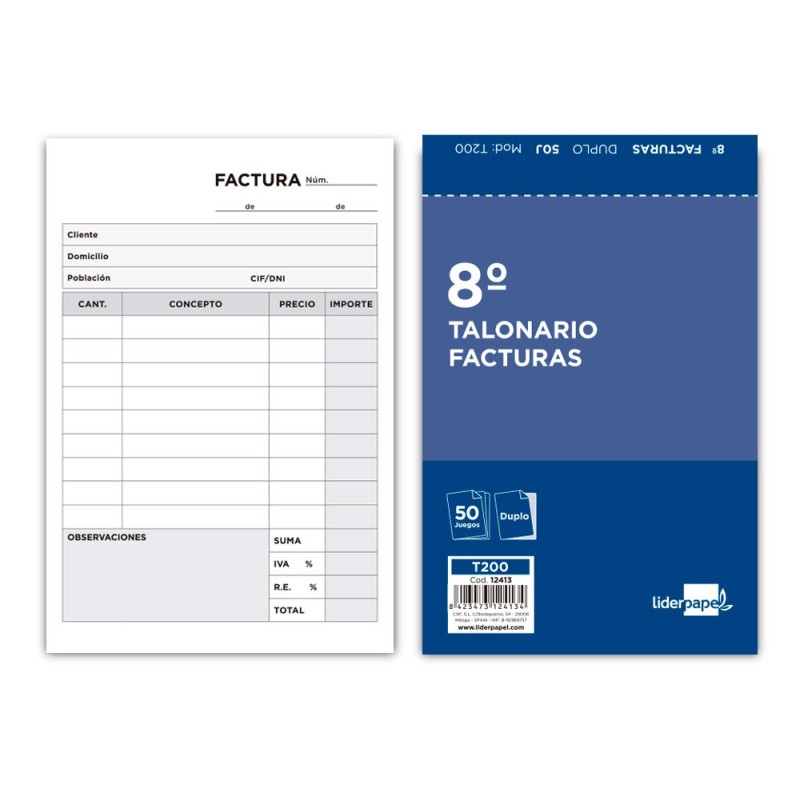 TALONARIO LIDERPAPEL FACTURAS 8¼ ORIGINAL Y COPIA T200 CON I.V.A