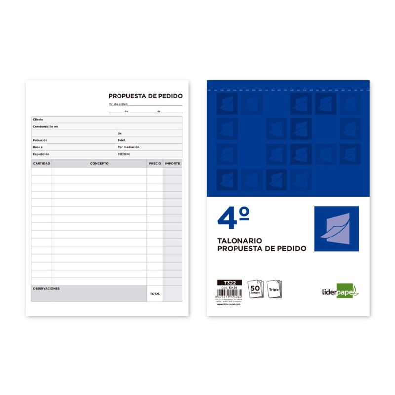 TALONARIO LIDERPAPEL PEDIDOS CUARTO ORIGINAL Y 2 COPIAS T322