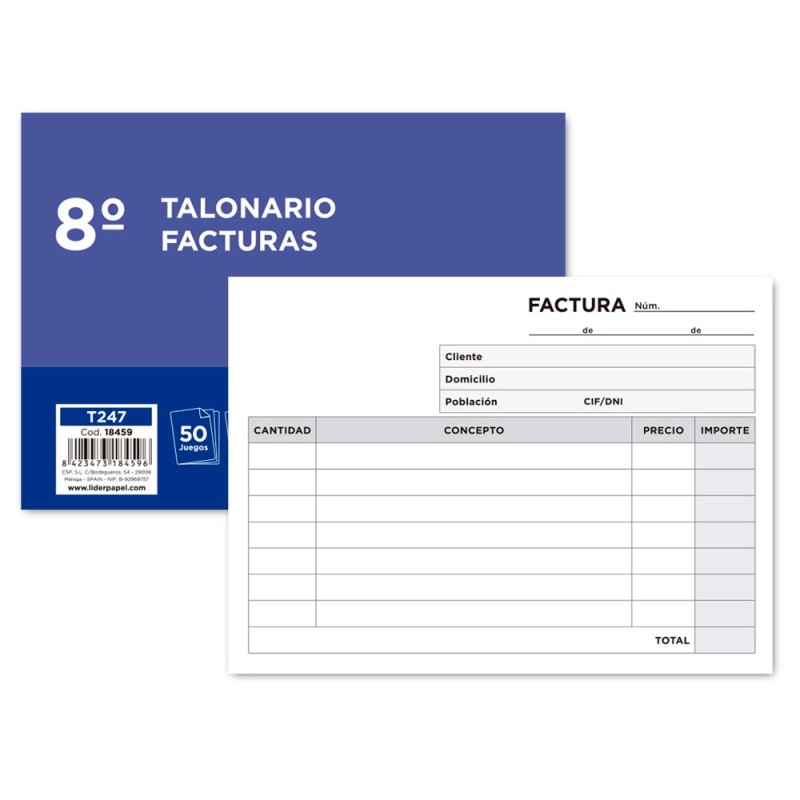 TALONARIO LIDERPAPEL FACTURAS 8¼ ORIGINAL Y COPIA T247 APAISADO SIN I.V.A