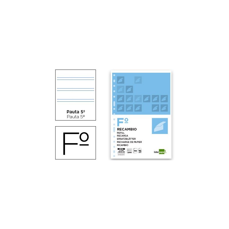 RECAMBIO LIDERPAPEL FOLIO 100 HOJAS 60G/M2 PAUTA 5» 2.5MM CON MARGEN 16 TALADROS