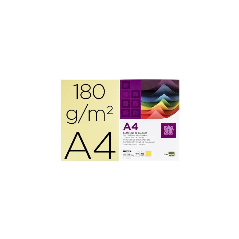 CARTULINA LIDERPAPEL A4 180G/M2 AMARILLO PAQUETE DE 100 HOJAS