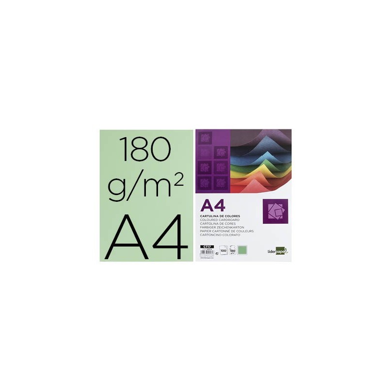 CARTULINA LIDERPAPEL A4 180G/M2 VERDE PAQUETE DE 100 HOJAS