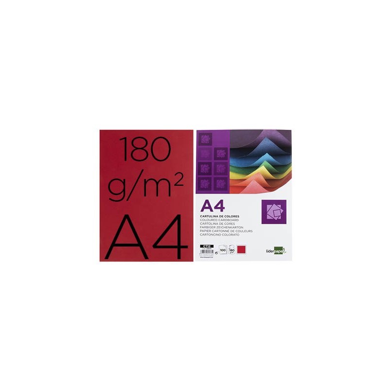 CARTULINA LIDERPAPEL A4 180G/M2 ROJO PAQUETE DE 100 HOJAS
