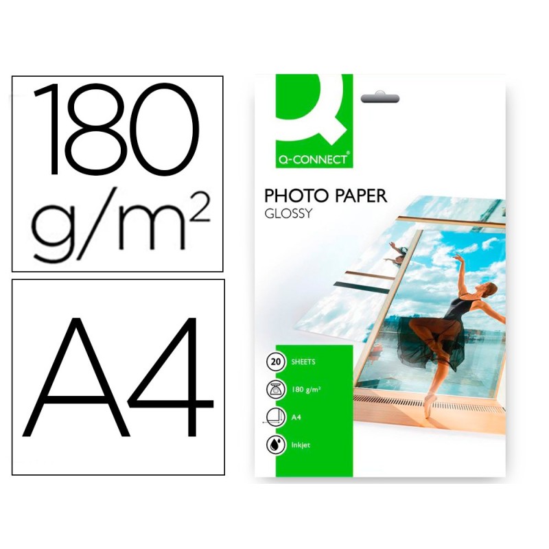PAPEL Q-CONNECT FOTO GLOSSY KF01103 DIN A4 DIGITAL PHOTO PARA INK-JET BOLSA DE 20 HOJAS DE 180 GR