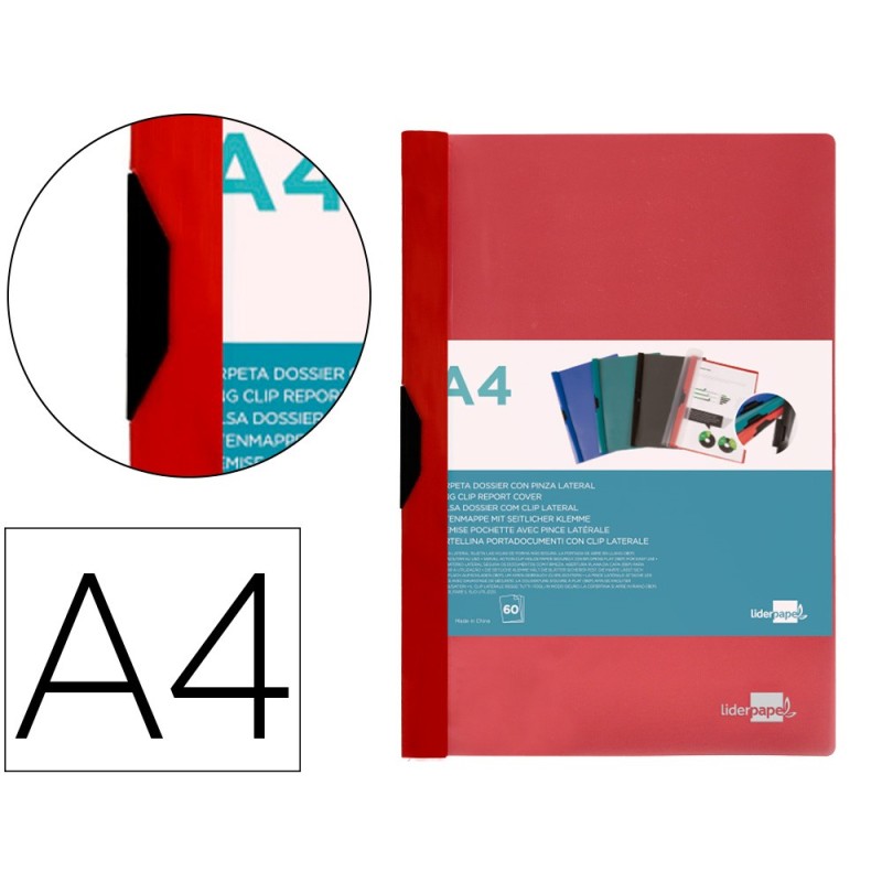 CARPETA LIDERPAPEL DOSSIER PINZA LATERAL 45320 POLIPROPILENO DIN A4 ROJO 60 HOJAS PINZA DESLIZANTE