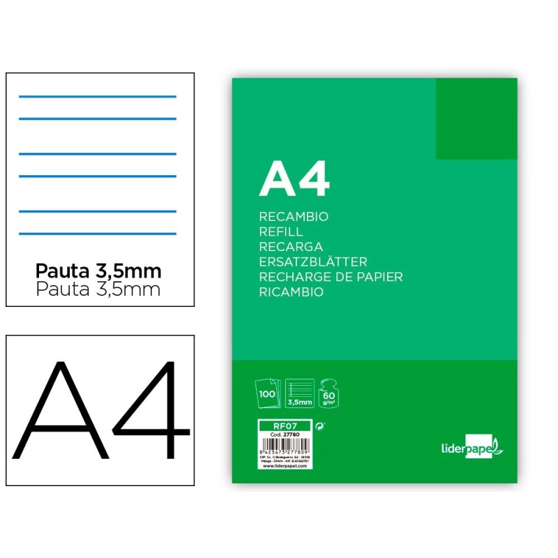 RECAMBIO LIDERPAPEL A4 100 HOJAS 60G/M2PAUTA 4» 3.5MM CON MARGEN 4 TALADROS