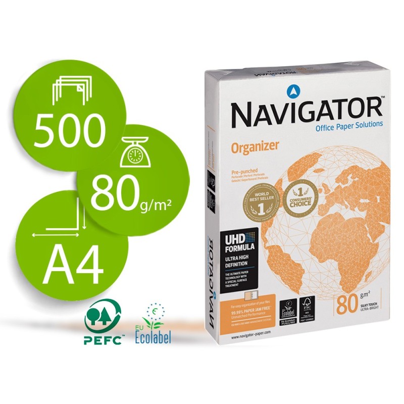 PAPEL FOTOCOPIADORA NAVIGATOR DIN A4 80 GRAMOS -4 TALADROS PAPEL MULTIUSO INK-JET Y LASERPAQUETE DE 500 HOJAS