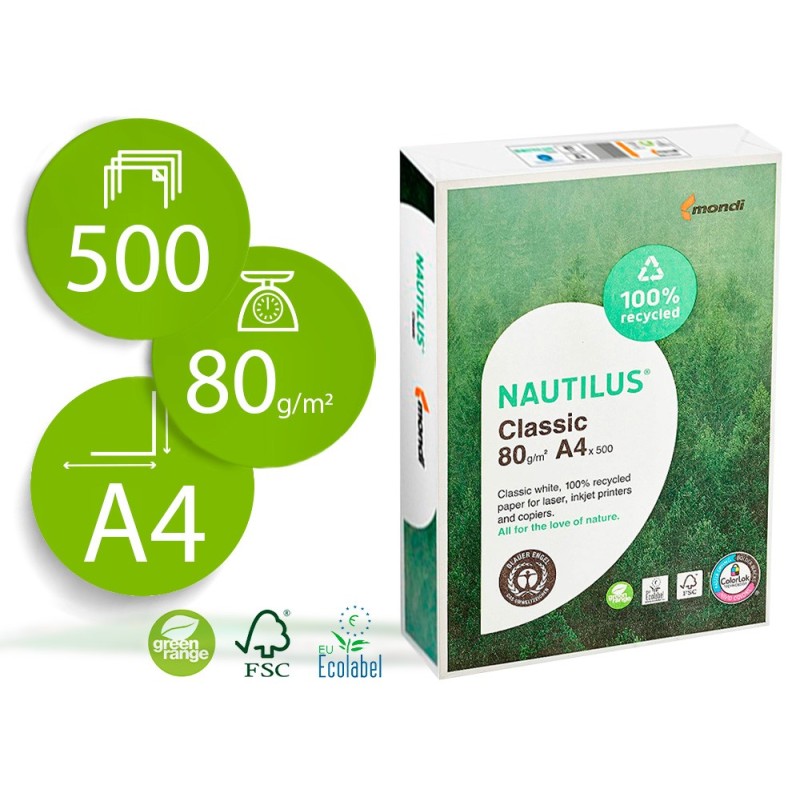 PAPEL FOTOCOPIADORA NAUTILUS DIN A4 80 GRAMOS -PAQUETE DE 500 HOJAS 100% RECICLADO