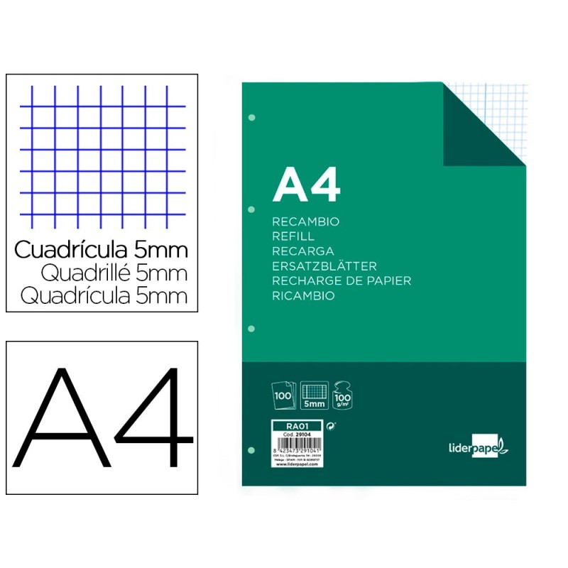 RECAMBIO LIDERPAPEL A4 100 HOJAS 100G/M2 CUADRO 5MM CON MARGEN 4 TALADROS