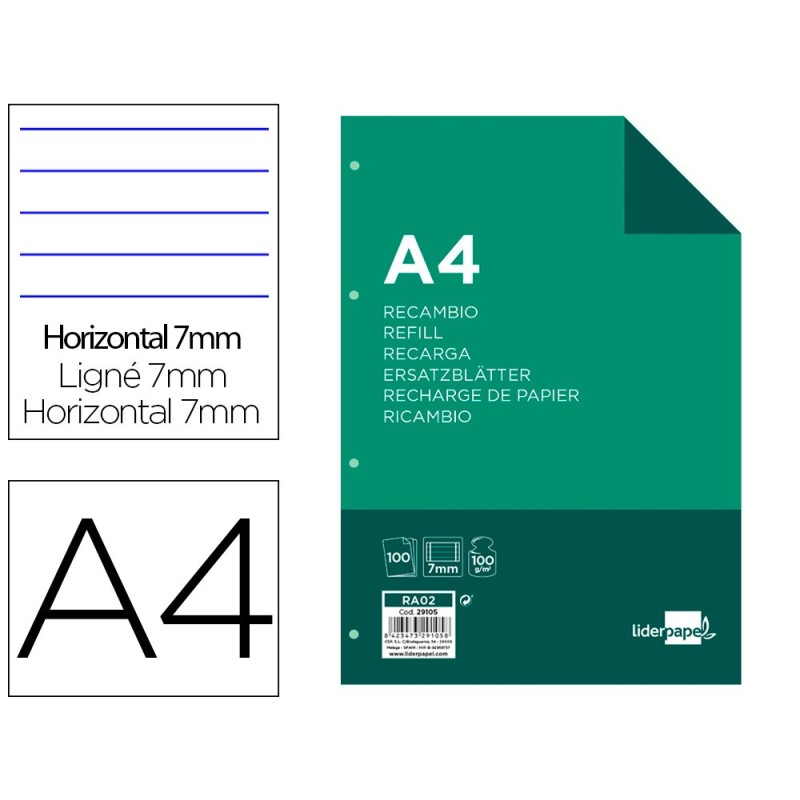 RECAMBIO LIDERPAPEL A4 100 HOJAS 100G/M2 HORIZONTAL CON DOBLE MARGEN 4 TALADROS