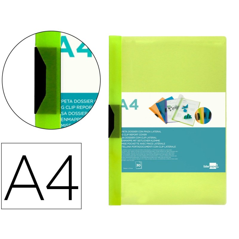 CARPETA LIDERPAPEL DOSSIER PINZA LATERAL 45303 POLIPROPILENO DIN A4 VERDE CLA30 HOJAS PINZA DESLIZANTE