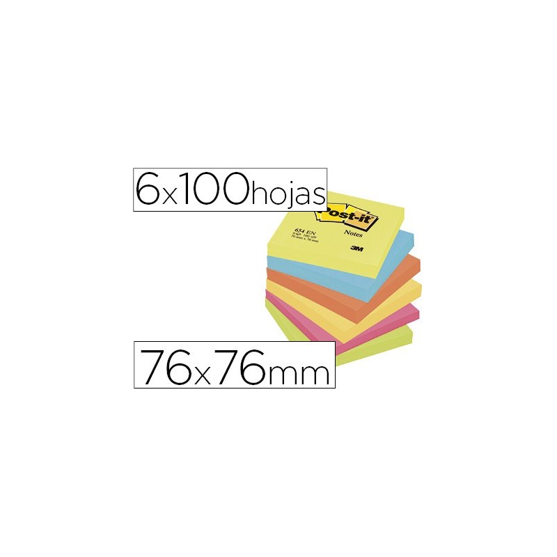 BLOC DE NOTAS ADHESIVAS QUITA Y PON POST-IT 76X76 MM NEON PACK DE 6 BLOCS SURTIDO