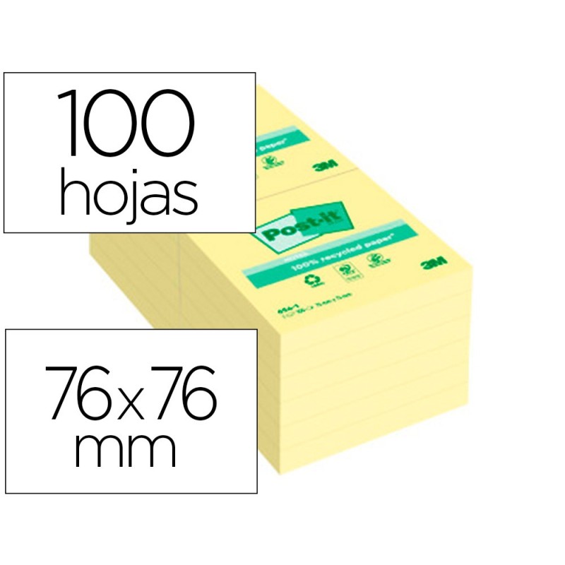 BLOC DE NOTAS ADHESIVAS QUITA Y PON POST-IT 76X76 MM PAPEL RECICLADO AMARILLO
