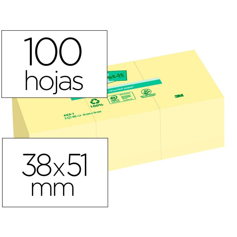 BLOC DE NOTAS ADHESIVAS QUITA Y PON POST-IT 38X51 MM PAPEL RECICLADO AMARILLO PACK DE 3 BLOCS 653-1