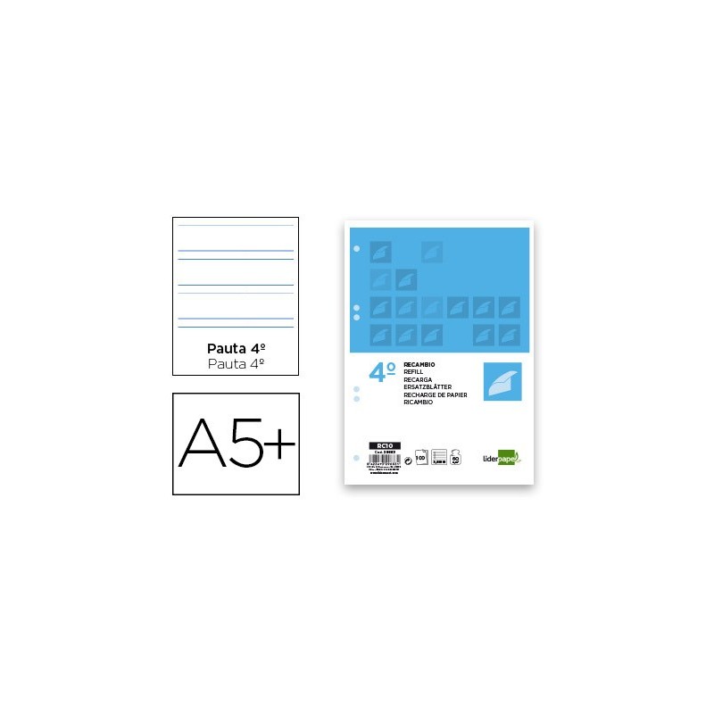 RECAMBIO LIDERPAPEL CUARTO 100 HOJAS 60G/M2 PAUTA 4» 3.5MM CON MARGEN 6 TALADROS