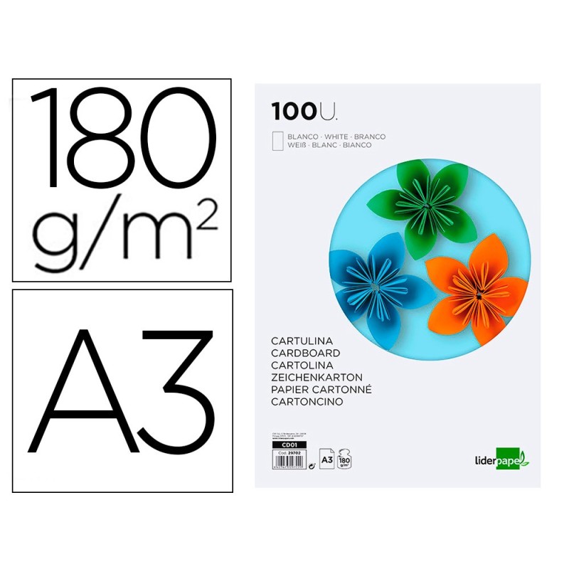 CARTULINA LIDERPAPEL A3 180G/M2 BLANCO PAQUETE DE 100 HOJAS