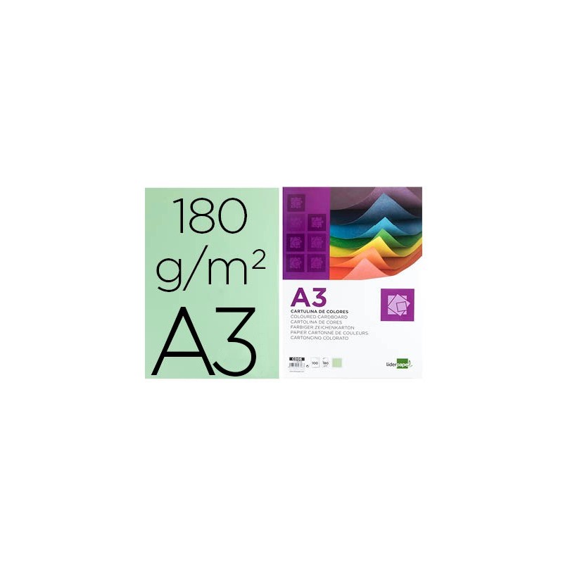 CARTULINA LIDERPAPEL A3 180G/M2 VERDE PAQUETE DE 100 HOJAS
