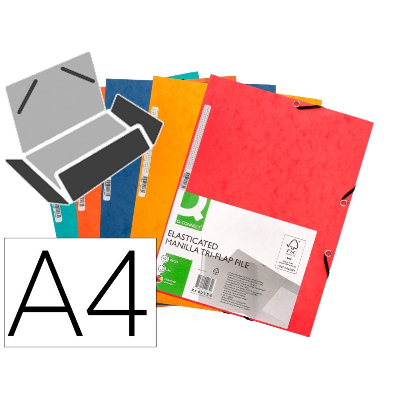 CARPETA Q-CONNECT GOMAS KF02174 CARTON SIMIL-PRESPAN SOLAPAS 320X243 MM PACK DE 5 UNIDADES COLORES SURTIDOS