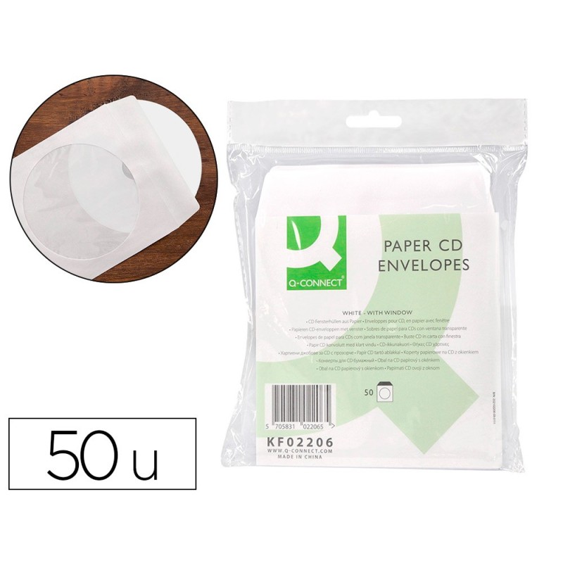 SOBRE PARA CD Q-CONNECT CON VENTANA TRANSPARENTE Y SOLAPA -PACK DE 50 UNIDADES