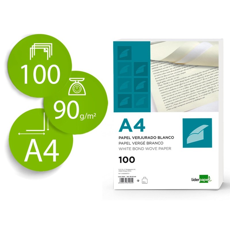 PAPEL VERJURADO LIDERPAPEL A4 90G/M2 CREMA PAQUETE DE 100 HOJAS