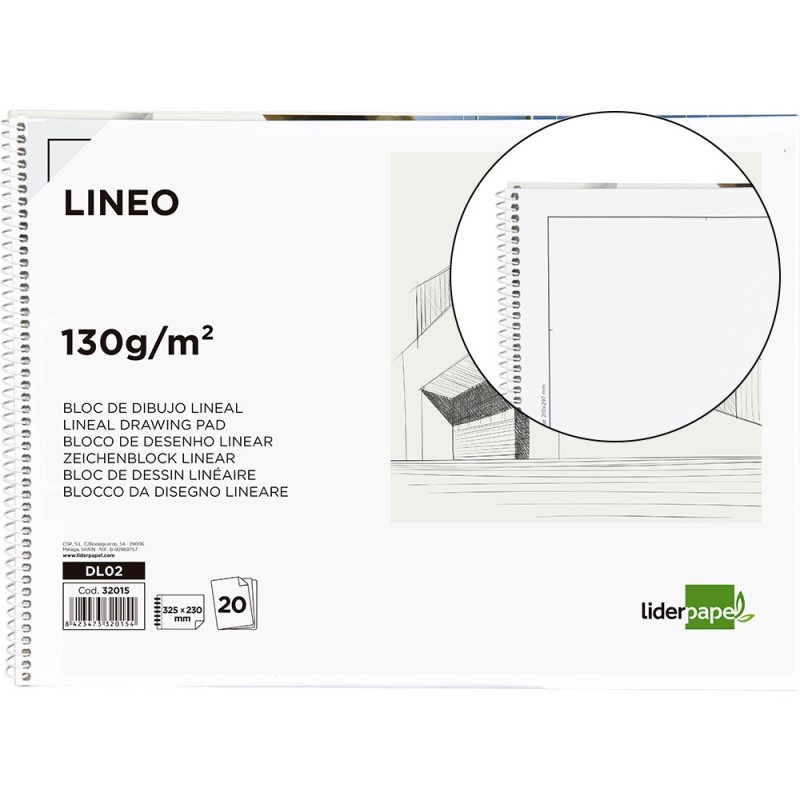 BLOC DIBUJO LIDERPAPEL LINEAL ESPIRAL 230X325MM 20 HOJAS 130G/M2 CON RECUADRO PERFORADO