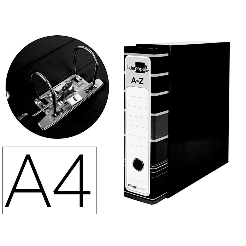 ARCHIVADOR DE PALANCA LIDERPAPEL A4 FILING SYSTEM FORRADO SIN RADO LOMO 80MM NEGRO CON CAJA Y COMPRESOR METALICO