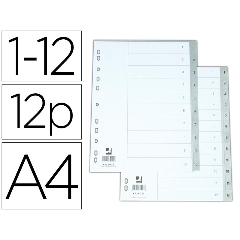 SEPARADOR NUMERICO Q-CONNECT PLASTICO 1-12 JUEGO DE 12 SEPARADORES DIN A4 MULTITALADRO