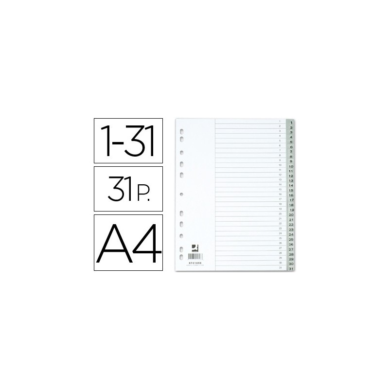 SEPARADOR NUMERICO Q-CONNECT PLASTICO 1-31 JUEGO DE 31 SEPARADORES DIN A4 MULTITALADRO
