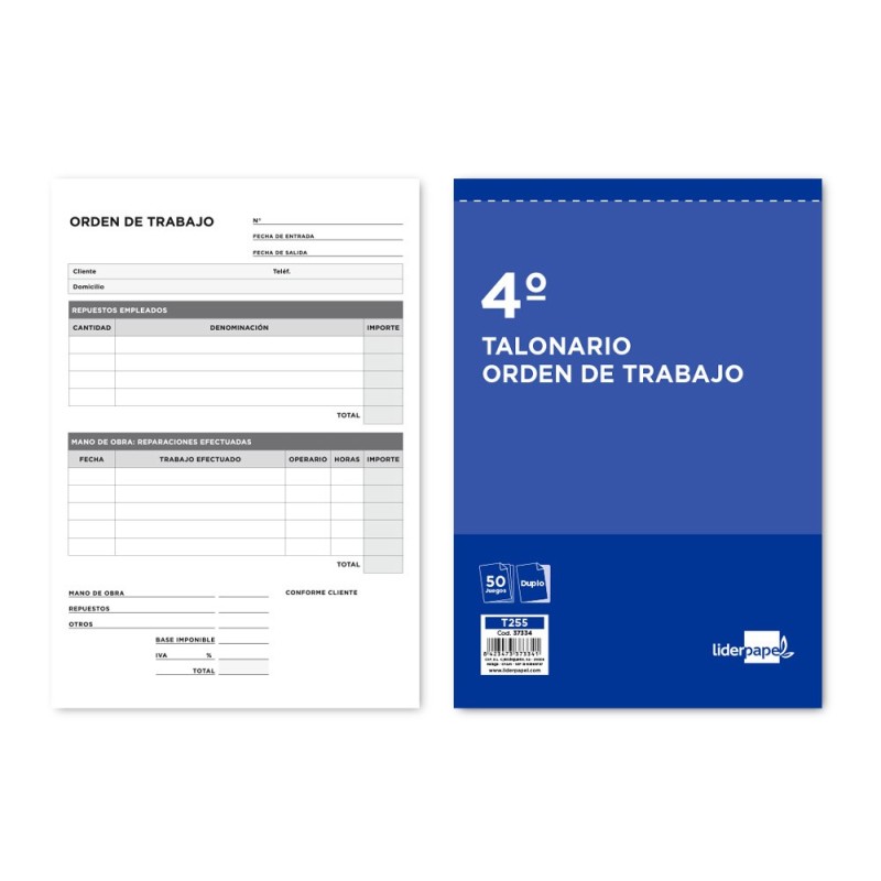 TALONARIO LIDERPAPEL ORDEN DE TRABAJO CUARTO ORIGINAL Y COPIA T255