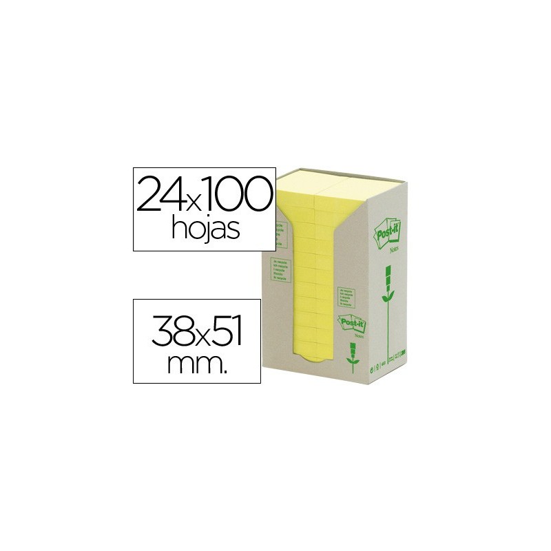 BLOC DE NOTAS ADHESIVAS QUITA Y PON RECICLADAS EN TORRE POST-IT 38 X 51 MM 24 BLOCS 653 RECICLADO