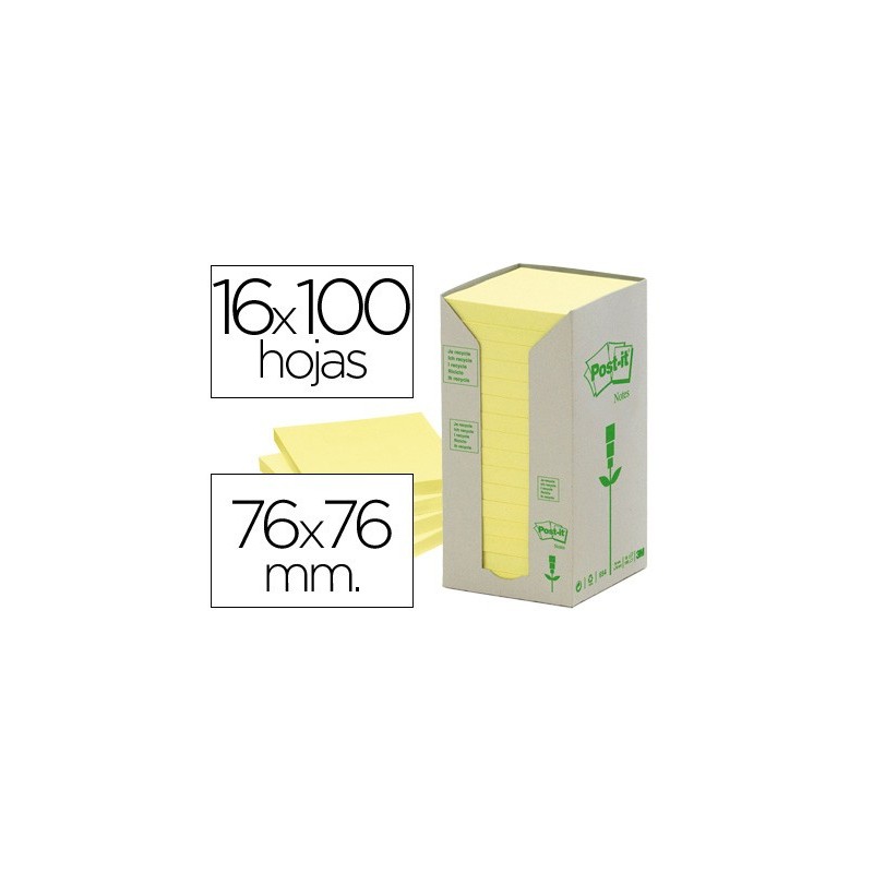 BLOC DE NOTAS ADHESIVAS QUITA Y PON RECICLADAS EN TORRE POST-IT 76 X 76 MM 16 BLOCS 654 RECICLADO