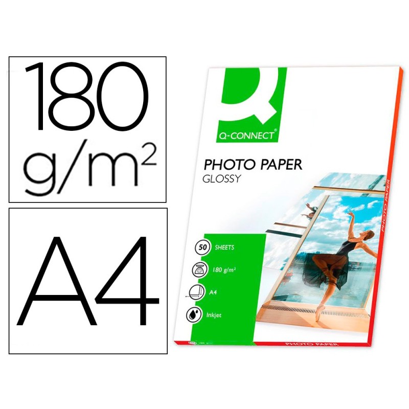 PAPEL Q-CONNECT FOTO GLOSSY DIN A4 ALTA CALIDAD DIGITAL PHOTO PARA INK-JET BOLSA DE 50 HOJAS DE 180 GR