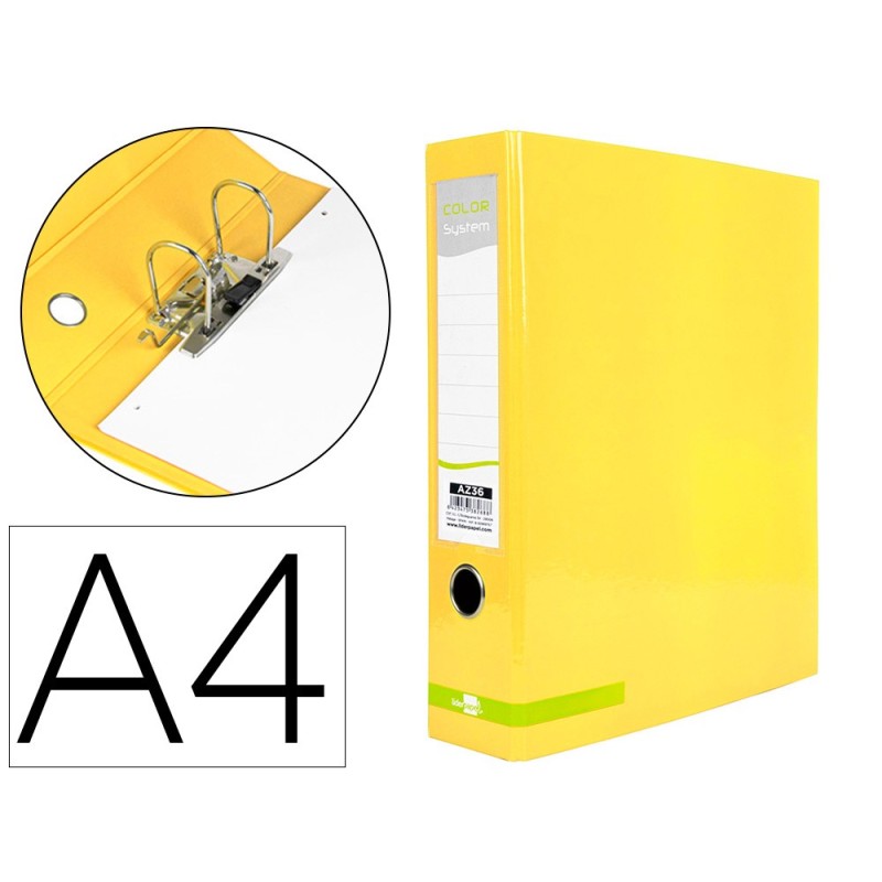 ARCHIVADOR DE PALANCA LIDERPAPEL A4 COLOR SYSTEM FORRADO SIN RADO LOMO 80MM AMARILLO COMPRESOR METALICO