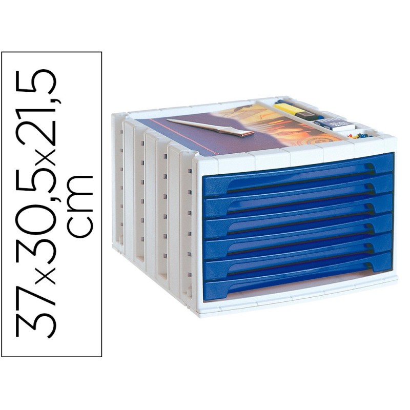 FICHERO CAJONES DE SOBREMESA Q-CONNECT 305X370X215 MM BANDEJA ORGANIZADORA SUPERIOR 6 CAJONES AZUL OPACO