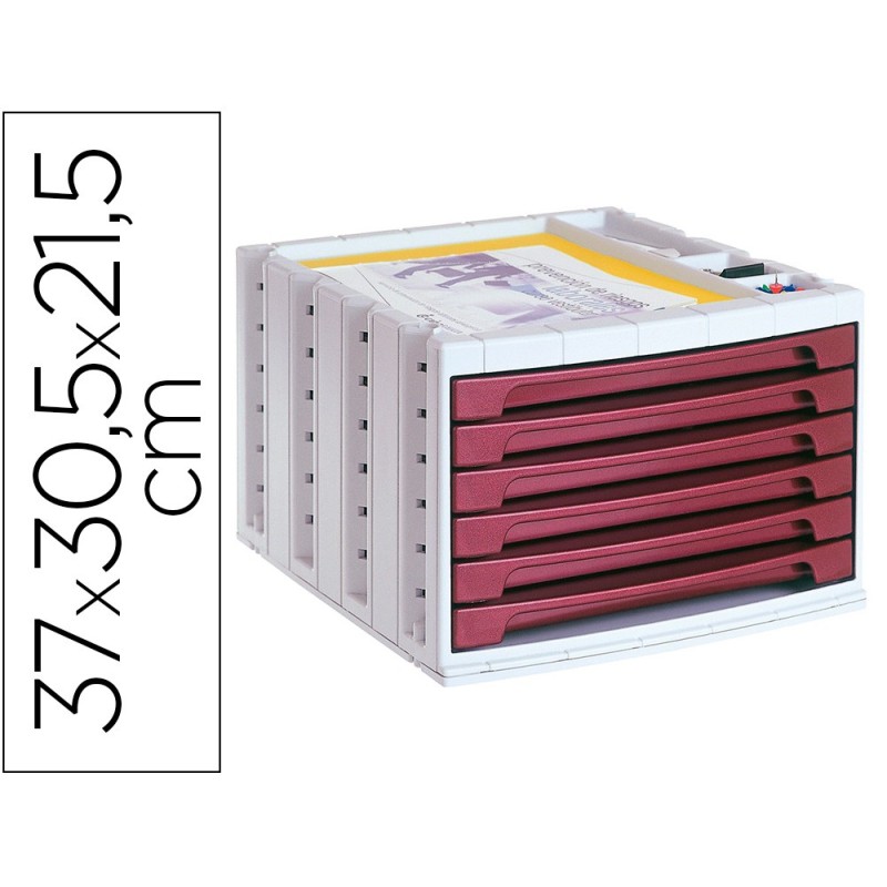 FICHERO CAJONES DE SOBREMESA Q-CONNECT 305X370X215 MM BANDEJA ORGANIZADORA SUPERIOR 6 CAJONES BURDEOS OPACO