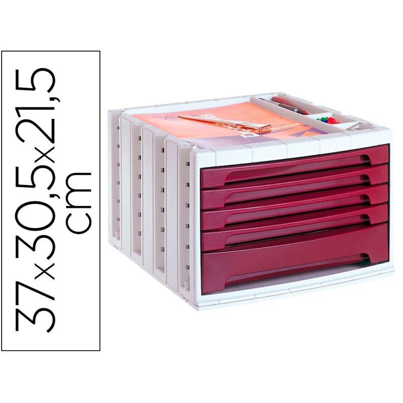 FICHERO CAJONES DE SOBREMESA Q-CONNECT 305X370X215 MM BANDEJA ORGANIZADORA SUPERIOR 5 CAJONES BURDEOS OPACO