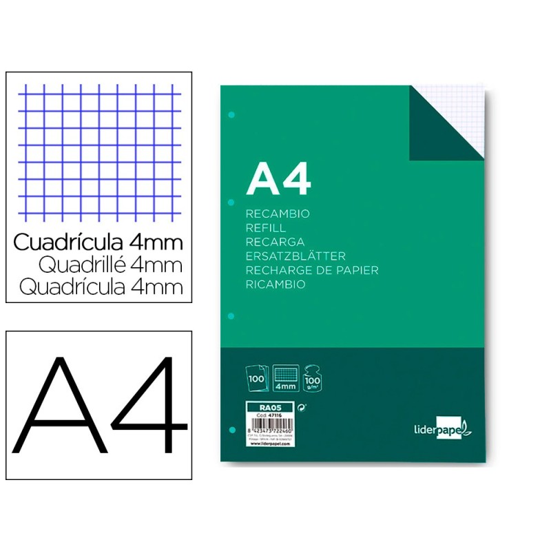 RECAMBIO LIDERPAPEL A4 100 HOJAS 100G/M2 CUADRO 4MM CON MARGEN 4 TALADROS